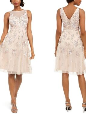 Adrianna Papell Bead Tea Length Embroidered Sequin Mesh Illusion dress 8 NWT!